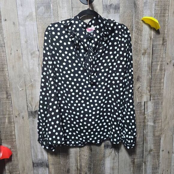 Kate Spade Cloud Dot Blouse Large White Tie Front Polka Dot V Neck Playful Chic - Picture 2 of 5